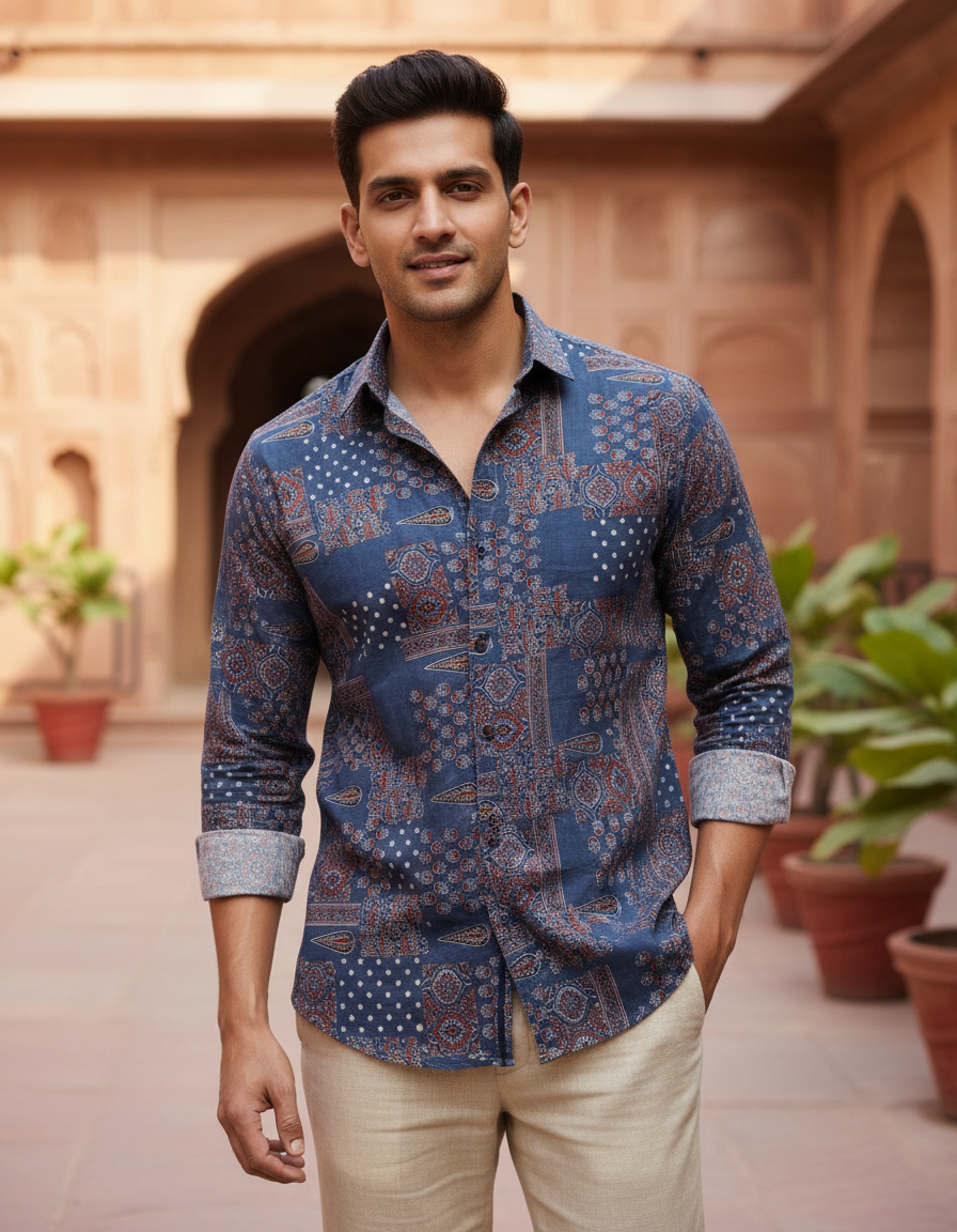 indigo kala cotton shirt Handwoven Indigo Kala Cotton Ajrakh Shirt for Men